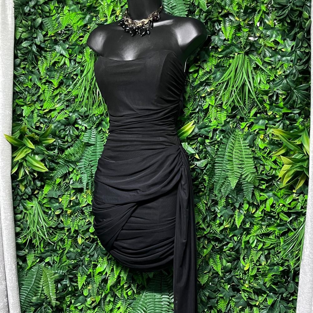 Mable‎ Dress Medium Black Strapless Ruched Bodycon Mini with Draped Sash 3742